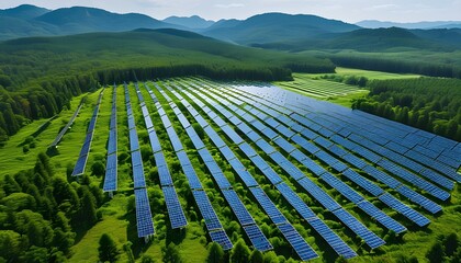 Solar panel farm in a forest clearing, capturing sunlight and producing sustainable energy while harmonizing with the natural environment