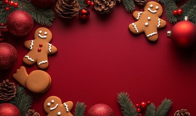 Red background with a cookie and two gingerbread men. There are also some pine cones and a red ball. red christmas ornaments, hollies and gingerbread cookies on a red background