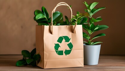 Eco-Friendly Brown Paper Bag with Bold Green Recycle Symbol Promoting Sustainable Shopping Practices