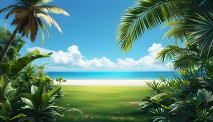 serene tropical paradise background featuring lush greenery, clear blue skies, and a tranquil atmosphere perfect for virtual meetings