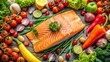 © Collection - Fresh and nutritious salmon fillet with a variety of colorful vegetables for cooking