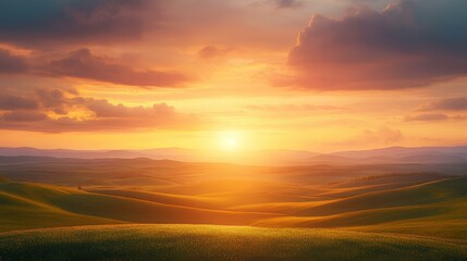 Wall Mural - A picturesque sunset over rolling hills, featuring vibrant orange and pink hues illuminating a serene landscape.