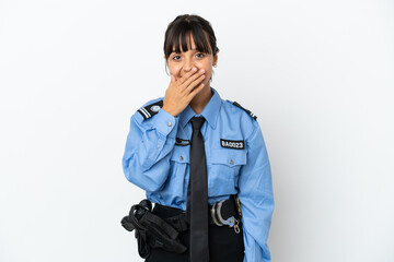 Young police mixed race woman isolated background happy and smiling covering mouth with hand