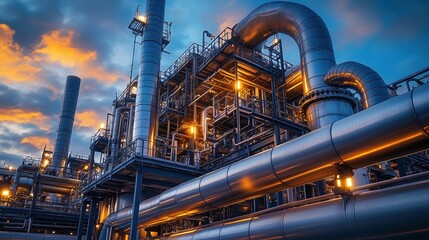 Industrial Complex with Pipes and Dramatic Sky