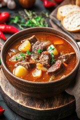 Wall Mural - Goulash soup with beef slices of sausage, onions and potatoes. Plus red pepper. All on a rustic background. AI generative.