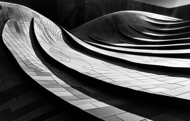 Poster - A black and white image showcasing a modern architectural structure with a curved, tiled facade casting deep shadows.