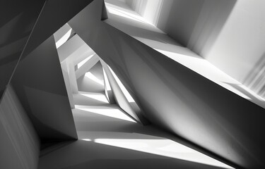 Poster - A black and white photograph of a modern architectural structure with geometric shapes and contrasting light and shadows.