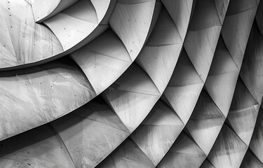 Fototapete - A close-up view of a modern concrete structure with a geometric pattern of curved and angular shapes.