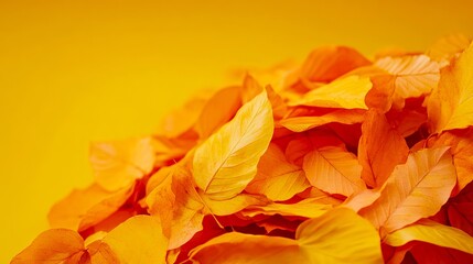 Wall Mural - A pile of yellow and orange leaves on a yellow background