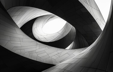 Poster - A black and white photograph depicting the interior of a modern building with abstract curved panels and a light source.