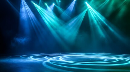 Wall Mural - A stage illuminated with swirling blue and green light patterns amidst a smoky atmosphere, creating a captivating and mystical ambiance perfect for performances.