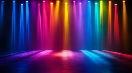 Wall Mural - Vibrant, pulsing vertical stripes of colorful lights against a dark background, creating a lively yet mysterious ambiance, perfect for performances. Stage Light Backdrop Concept