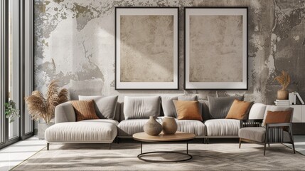 A modern living room with a sectional sofa, a coffee table, and two framed artwork pieces.