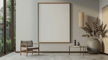 Poster - A minimalist living room interior with a blank canvas, wooden accents, and natural elements.