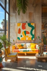 A bright and colorful living room featuring abstract wall art, bold-patterned furniture, and large windows allowing natural light to flood the room, creating a vibrant and playful atmosphere