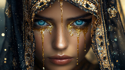 Wall Mural - A woman with gold and blue eye makeup and tears in her eye