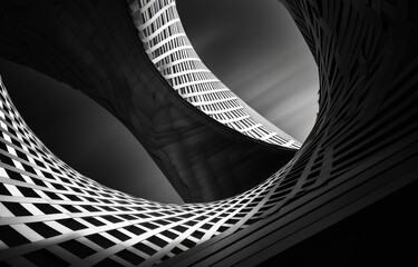 Poster - Abstract black and white image of modern architecture with curved lines and grid patterns.