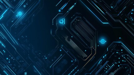 Fototapete - A stylized abstract representation of futuristic circuitry with glowing blue lines and shapes on a dark background.