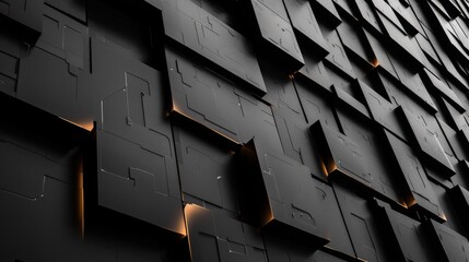 Fototapete - A 3D rendered abstract image of a wall made of black cubes with gold edges and a subtle glowing effect.