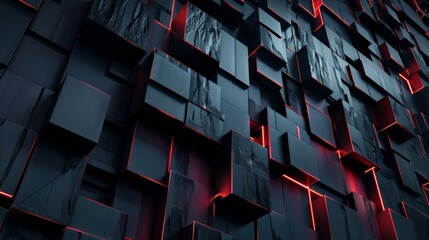Leinwandbilder - A digital rendering of a wall made of black cubes with red glowing lines highlighting the edges.