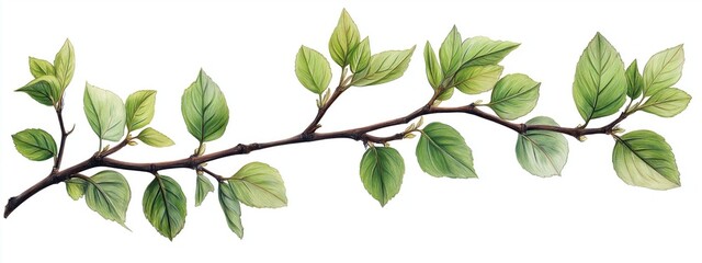 Wall Mural - A long, delicate branch with light green leaves drawn in color pencils, illustrating the softness of the natural world with detailed textures and shading, perfect for botanical art lovers