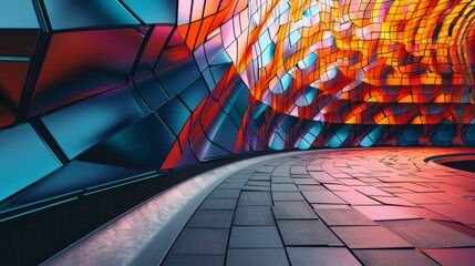 Fototapete - A digital illustration of a futuristic, abstract geometric structure with a curved wall and a tiled floor.