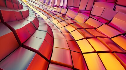 Poster - A digitally rendered abstract background featuring a curved surface made of metallic squares in vibrant red, yellow, and orange hues.
