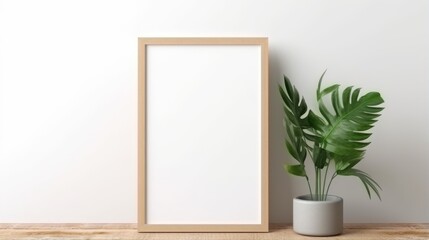 Poster - A close-up shot of an empty wooden picture frame on a wooden tabletop, with a potted green plant beside it. The background is a white wall.