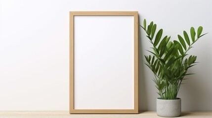 Poster - A blank canvas in a wooden frame sits on a tabletop next to a potted green plant against a white wall.