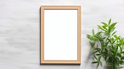 Poster - A simple and clean wooden frame with a white background and a sprig of greenery on the right side.