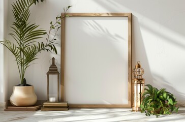 Poster - A blank canvas mockup in a minimalist interior with plants and lanterns.