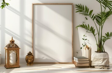Poster - A minimalist home interior with an empty wooden picture frame, decorative elements, and a potted plant.
