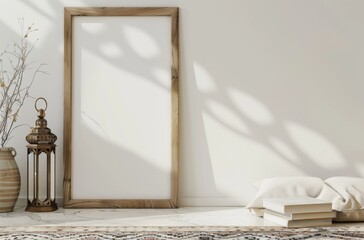Poster - A minimalist interior scene featuring a wooden frame, a brass lantern, and books stacked on a rug, bathed in soft natural light.