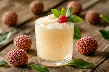 Wall Mural - Lychee and Raspberry Cocktail with Ice in a Glass on Wooden Surface