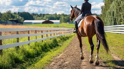 Horses with young horsewoman riding in the riding arena in the sun.