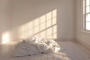 Poster - Minimalist bedroom interior design with white bedding and sunlight