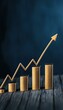 © WinThing - Golden bar graph with upward trend on a dark wooden table, symbolizing financial growth and success.