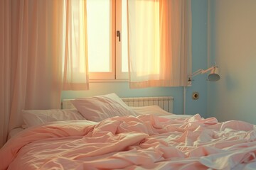 Poster - Sunlit Bedroom with Unmade Bed