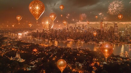 Wall Mural - New Year's Eve & Festive Celebration. 2025 in Golden Balloons: New Year's Eve Celebration with Fireworks Over a City Skyline