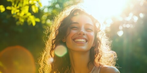 A woman with curly hair is smiling in bright sunlight.