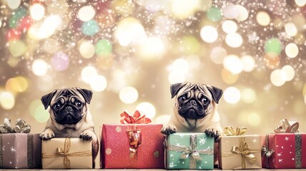 Wall Mural - Pugs Holiday Cheer Surrounded by Presents and Sparkling Bokeh Lights