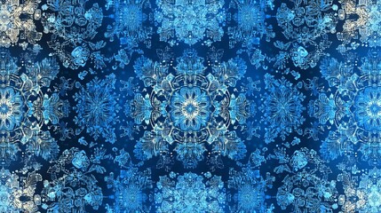 Wall Mural - Repeating raster pattern with blue gradient snowflakes on blue background