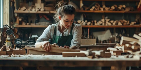 A woman stands in a workshop with tools and a workbench.