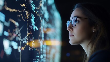 Wall Mural - Woman looking at a digital display with data visualizations.