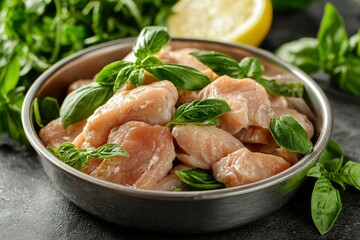 Wall Mural - Raw Chicken Breast Pieces with Basil in a Metal Bowl