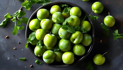 Wall Mural - Vibrant overhead display of ripe organic green plums in a dark bowl, showcasing a Mediterranean culinary favorite