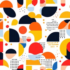 Wall Mural - A vibrant geometric pattern featuring a mix of circles, semi-circles, and dots in bold colors like red, yellow, and blue against a white background.