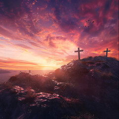 Good Friday landscape with crosses against a sun