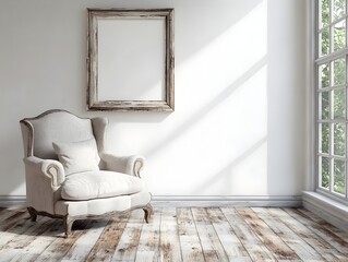 Wall Mural - Beautifully crafted 3D rendering of a vintage farmhouse inspired living room featuring weathered hardwood floors a plush armchair