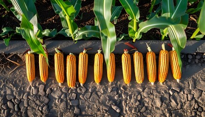 Lush rows of raw ripe corn with vibrant green husks displayed on the ground under bright daylight in a thriving farm setting